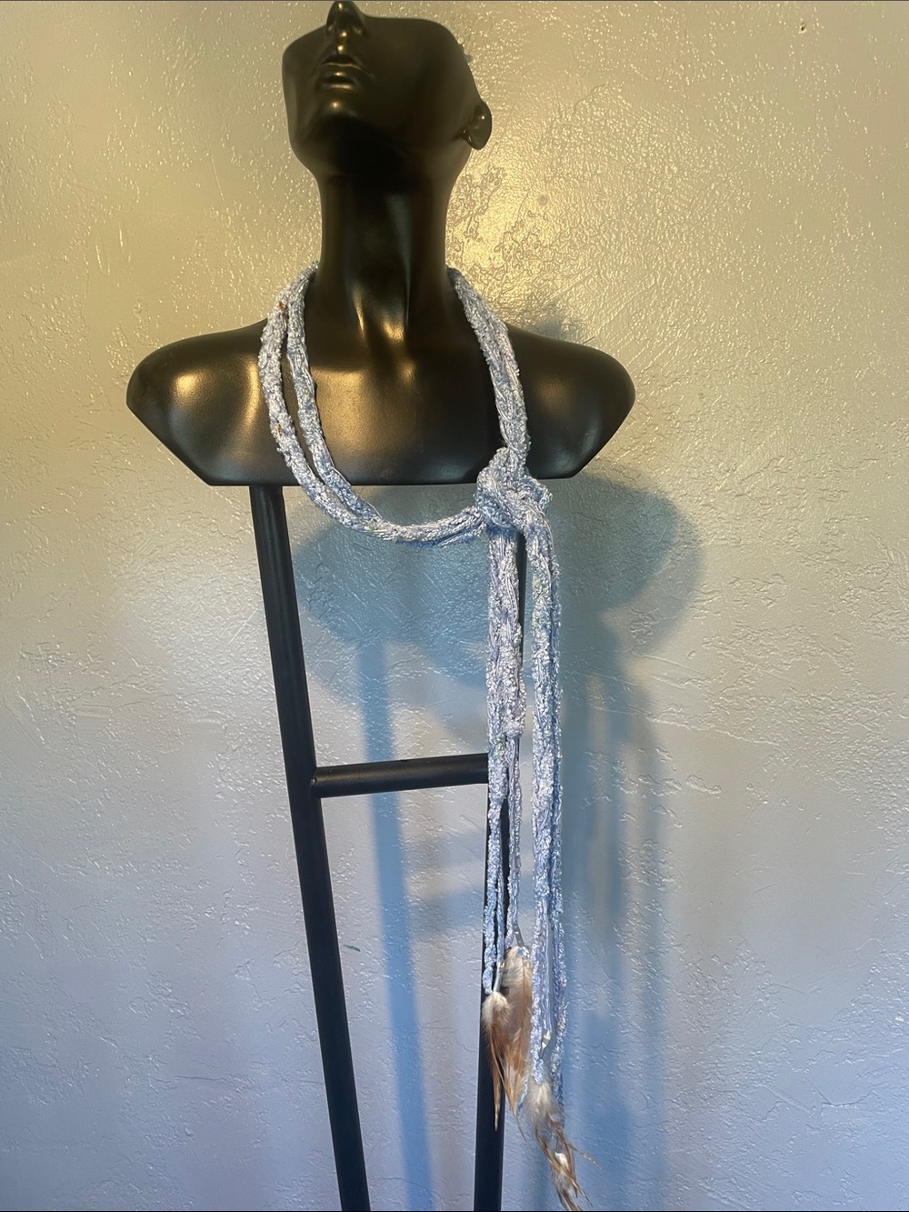 Light Blue Braided Scarf Wrap with Feather Detail
